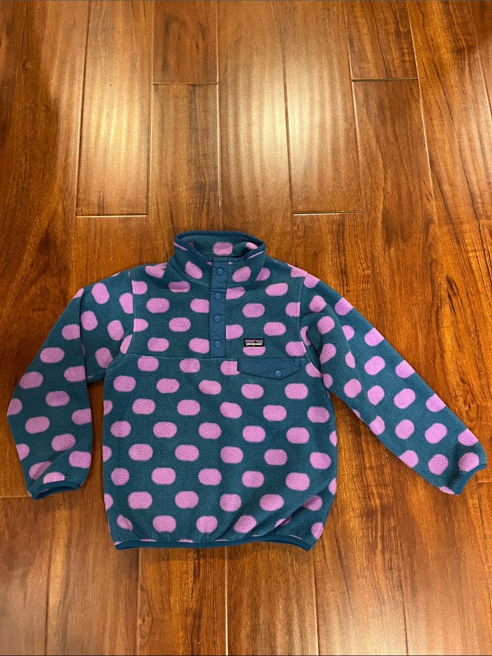 Patagonia Kids Pullover Fleece - Teal with Pink Polka Dots